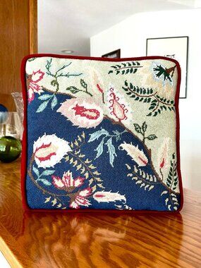 Vintage Handmade Floral Botanical Needlepoint Throw Pillow Jacobean Style
